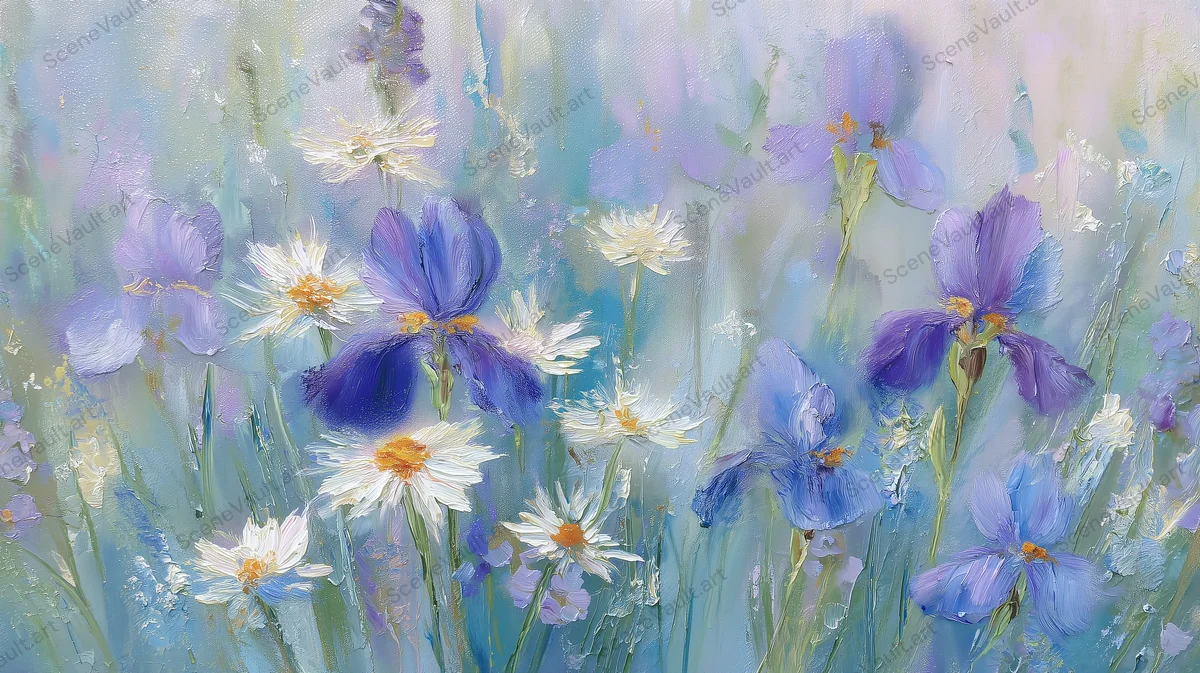 Íris azul-claras e margaridas luminosas — Pôster