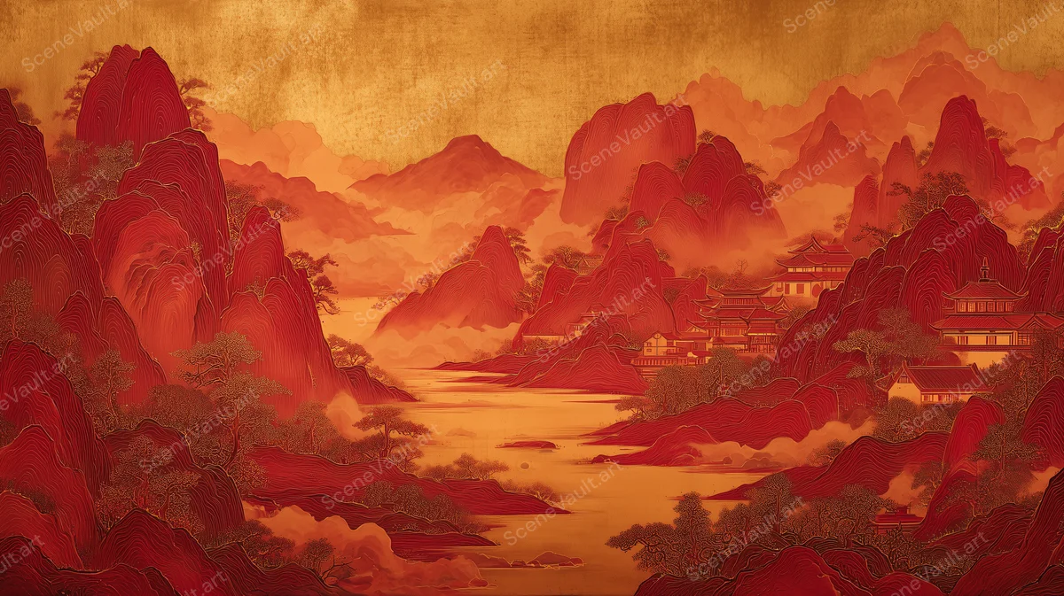 Crimson Mountains beneath a Golden Sky — Poster