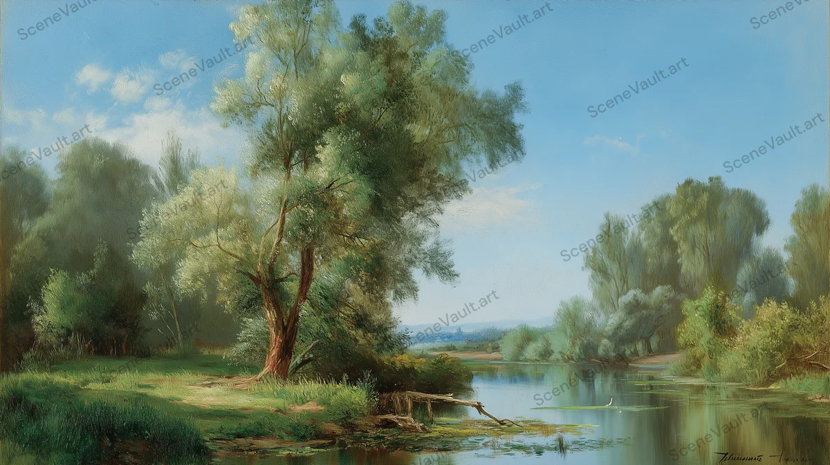 Lakeside Willows and Open Blue Skies — Poster