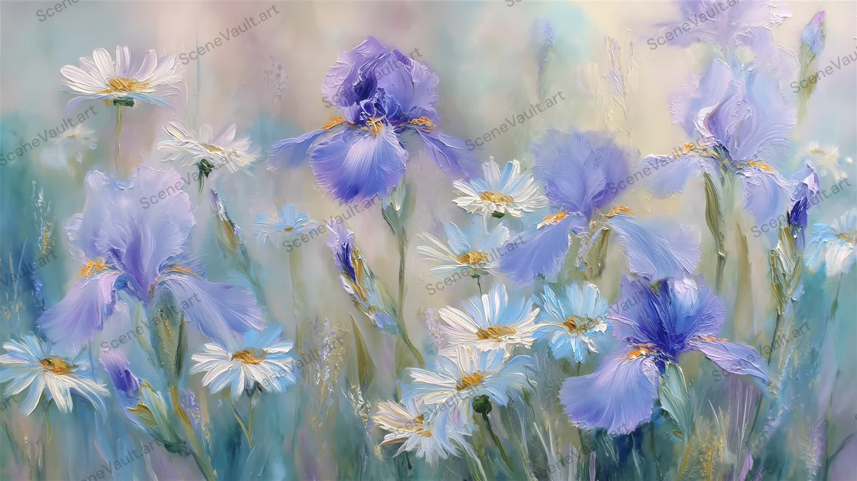 Irises and Daisies in Soft Floral Shadows — Poster