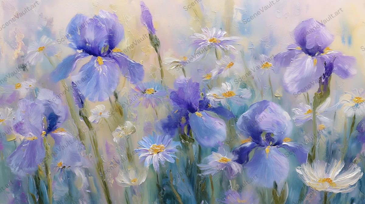 Blue Irises Framed by Daisies — Poster