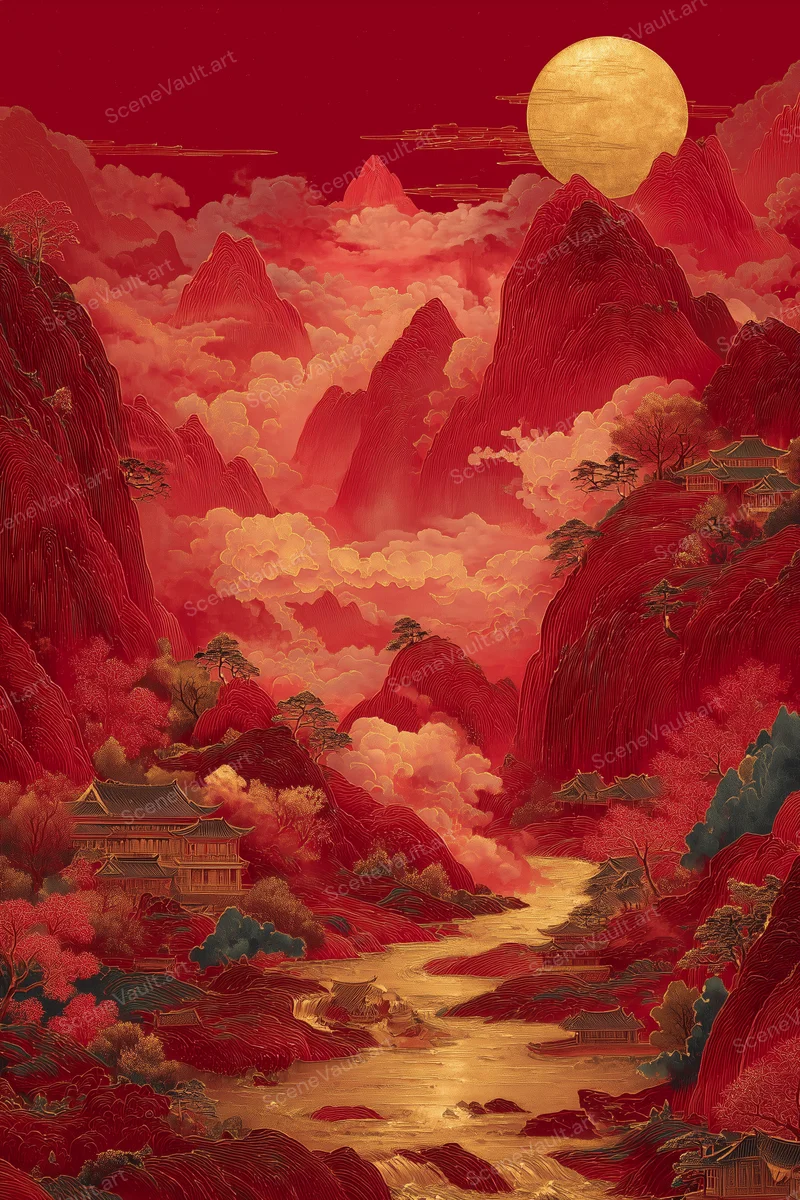 A Golden Sun above a Vermilion Valley — Poster