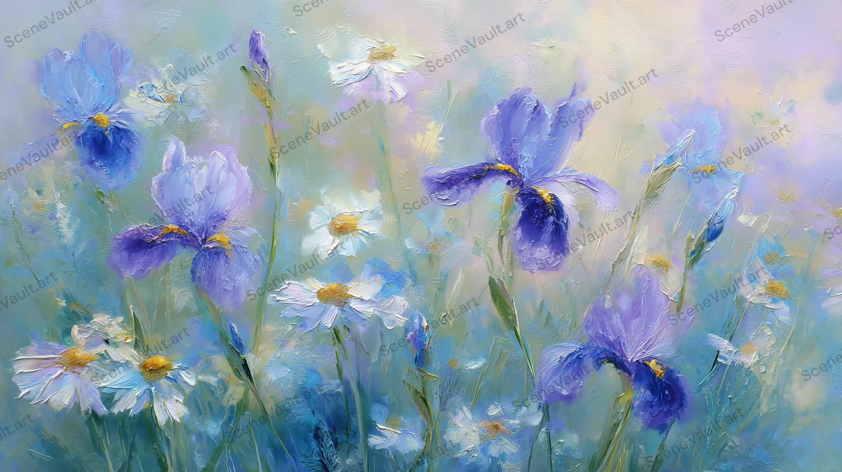 A Pale Blue Flower Field with Daisies — Poster