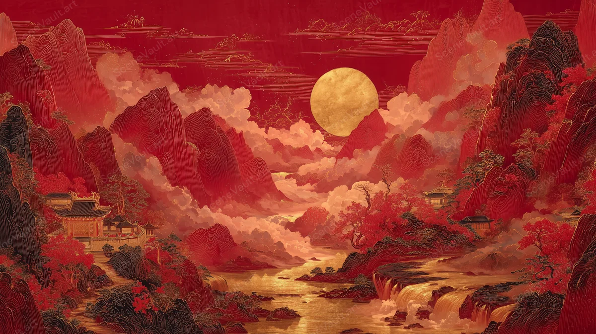 A Golden River through Crimson Mountains — Poster