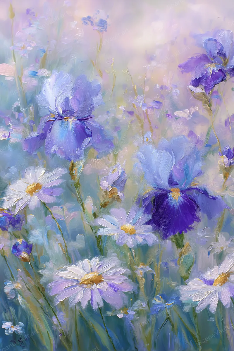 White Daisies among Violet Irises — Poster