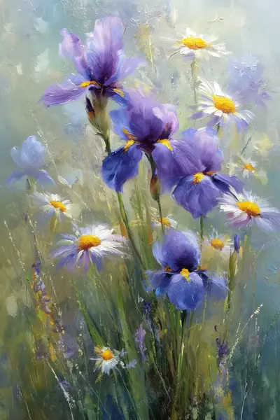 Bright Irises among Dark Green Leaves