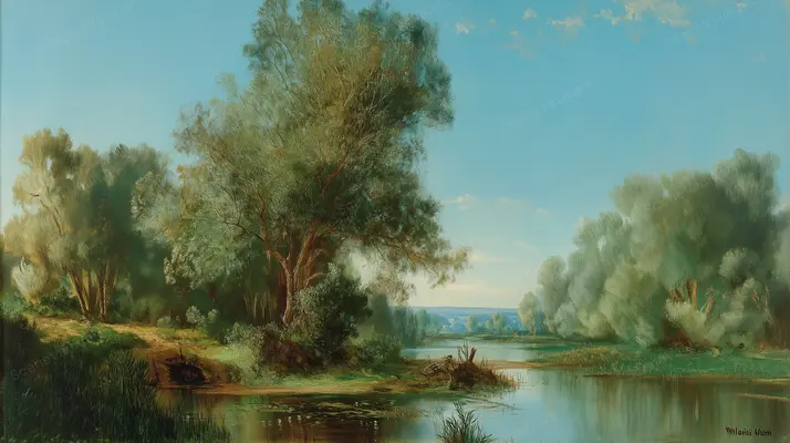 A Still Lake beneath Willow and Sky — Green willows frame quiet water beneath a blue sky, rendered with soft landscape brushwork.