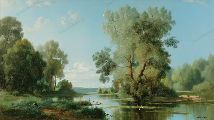 Willow Banks on a Clear Day — Green willows frame quiet water beneath a blue sky, rendered with soft landscape brushwork.