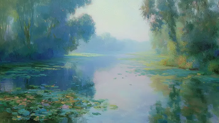 A Water Lily Cove in Pale Mist — Wooded banks surround green water as sky light, leafy shade and reflections blend in painted strokes.