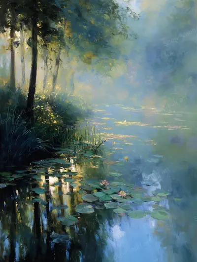 Woodland Reflections in Morning Light — Wooded banks surround green water as sky light, leafy shade and reflections blend in painted strokes.