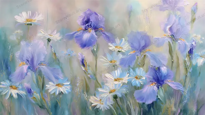 Irises and Daisies in Soft Floral Shadows — Blue and violet irises mingle with white daisies in soft light and textured floral brushwork.