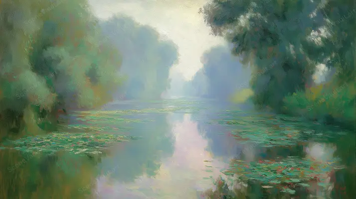Green Water between Wooded Shores — Wooded banks surround green water as sky light, leafy shade and reflections blend in painted strokes.