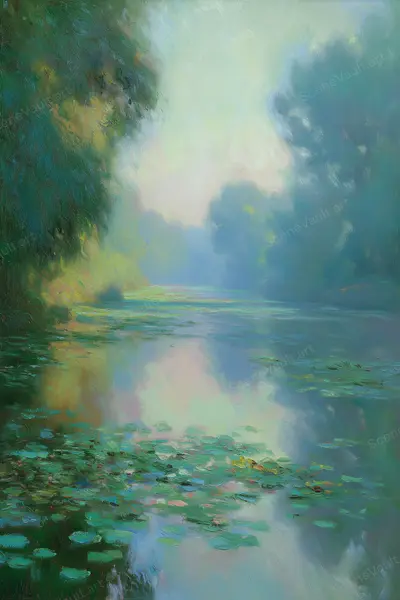 A Glimpse of Sky in Woodland Water — Wooded banks surround green water as sky light, leafy shade and reflections blend in painted strokes.