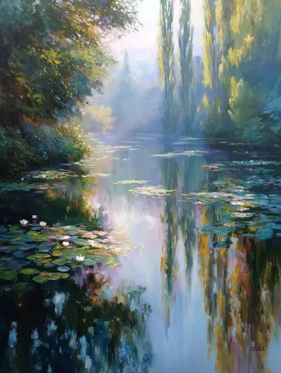 Clear Woodland Light in Still Water — Wooded banks surround green water as sky light, leafy shade and reflections blend in painted strokes.