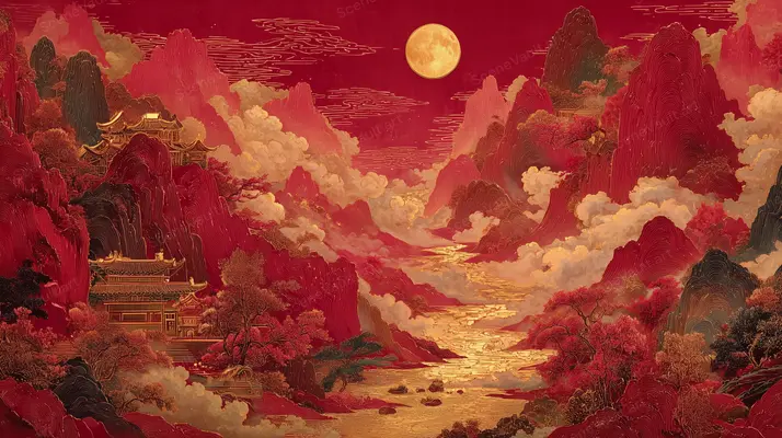 Crimson Peaks and a Distant Golden River — Crimson peaks, a golden sun and flowing clouds create a dreamlike landscape in red and gold.