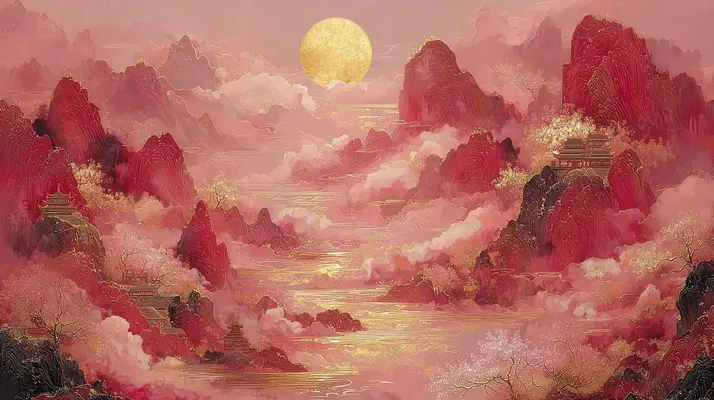 Golden Light on Crimson Peaks — Crimson peaks, a golden sun and flowing clouds create a dreamlike landscape in red and gold.