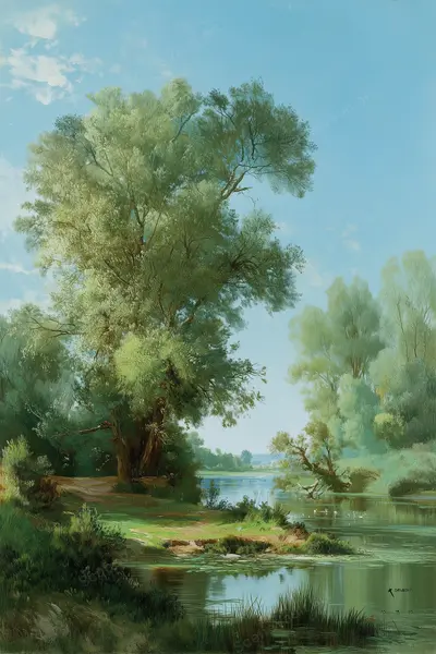 Lakeside Willow Reaching for the Sky — Green willows frame quiet water beneath a blue sky, rendered with soft landscape brushwork.