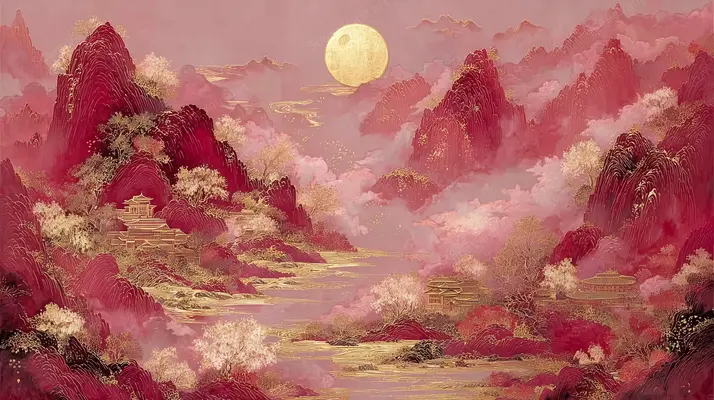 A Crimson Valley amid Rose Clouds — Crimson peaks, a golden sun and flowing clouds create a dreamlike landscape in red and gold.