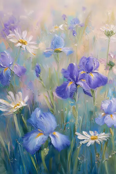 Irises Framed by Pastel Daisies — Blue and violet irises mingle with white daisies in soft light and textured floral brushwork.