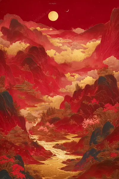 A Winding Golden River among Red Peaks — Crimson peaks, a golden sun and flowing clouds create a dreamlike landscape in red and gold.