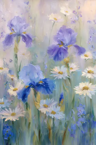 Pale Light among the Irises — Blue and violet irises mingle with white daisies in soft light and textured floral brushwork.