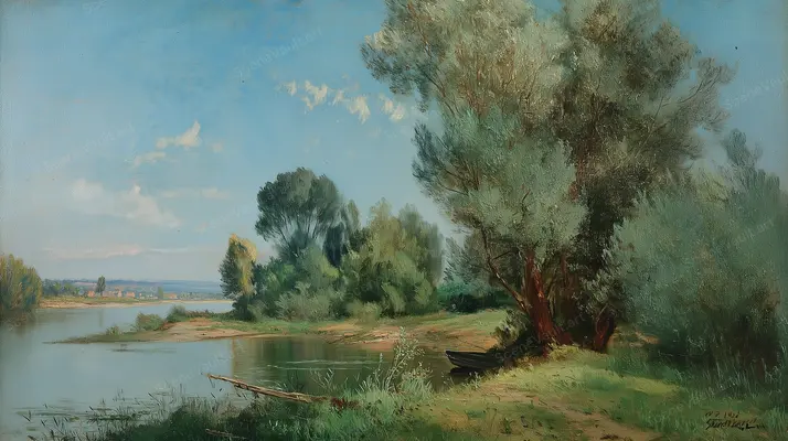 A Curving Shore beside a Great Willow — Green willows frame quiet water beneath a blue sky, rendered with soft landscape brushwork.