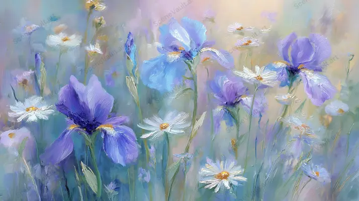 Jardim pastel de margaridas e íris