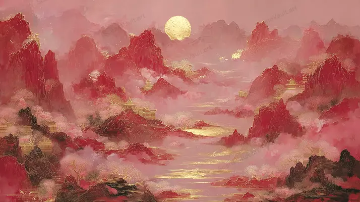 Crimson Mountains beyond the Clouds — Crimson peaks, a golden sun and flowing clouds create a dreamlike landscape in red and gold.