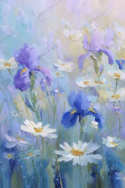 A Violet Melody among Flower Stems — Blue and violet irises mingle with white daisies in soft light and textured floral brushwork.