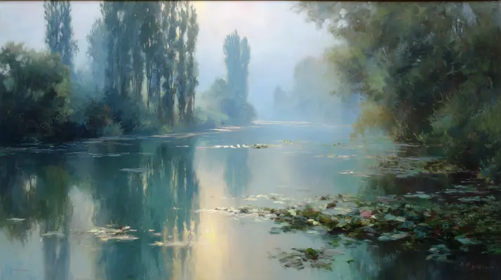 A Mirror Lake Framed by Tall Trees — Wooded banks surround green water as sky light, leafy shade and reflections blend in painted strokes.