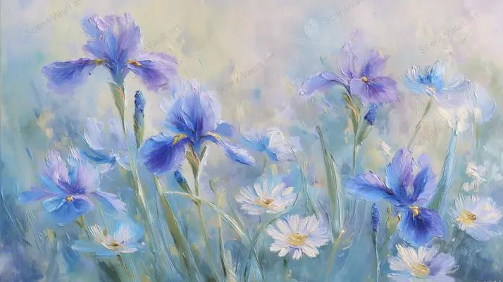 Blue and Violet Irises in a Pale Garden