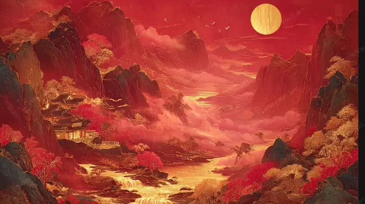 Crimson Mountains beneath a Golden Sun