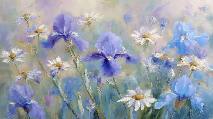 Blue and violet irises mingle with white daisies against a softly painted pastel background.