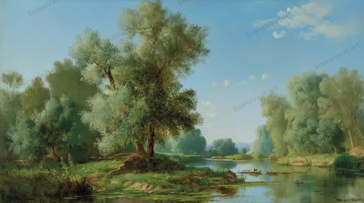 A Wide Lake beside Shady Willows — Green willows frame quiet water beneath a blue sky, rendered with soft landscape brushwork.
