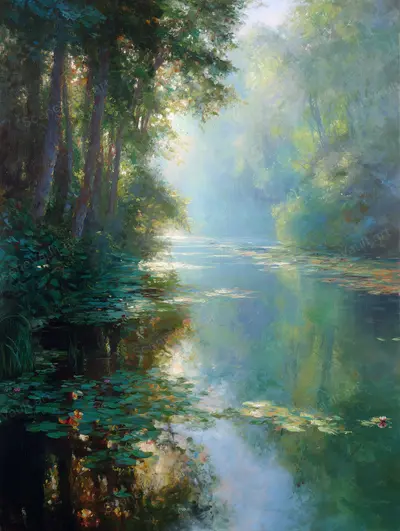 A Ribbon of Light in the Woods — Wooded banks surround green water as sky light, leafy shade and reflections blend in painted strokes.