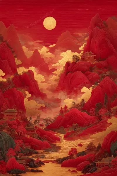 Golden Sun over a Crimson Valley — Crimson peaks, a golden sun and flowing clouds create a dreamlike landscape in red and gold.
