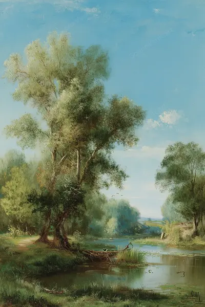 A Lakeside Path beneath Willow Branches — Green willows frame quiet water beneath a blue sky, rendered with soft landscape brushwork.