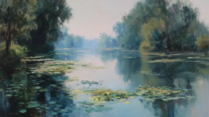 Water Lilies beside a Wooded Shore — Wooded banks surround green water as sky light, leafy shade and reflections blend in painted strokes.