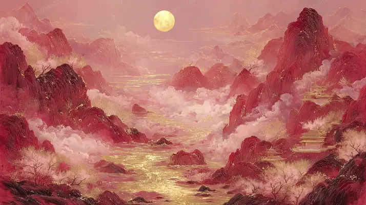 Crimson Peaks amid Drifting Clouds — Crimson peaks, a golden sun and flowing clouds create a dreamlike landscape in red and gold.