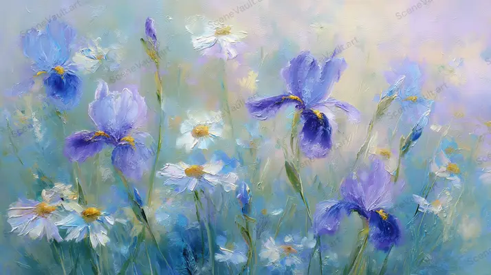 A Pale Blue Flower Field with Daisies — Blue and violet irises mingle with white daisies in soft light and textured floral brushwork.