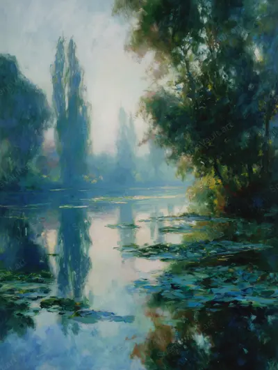 Lake Reflections beneath Green Canopies — Wooded banks surround green water as sky light, leafy shade and reflections blend in painted strokes.