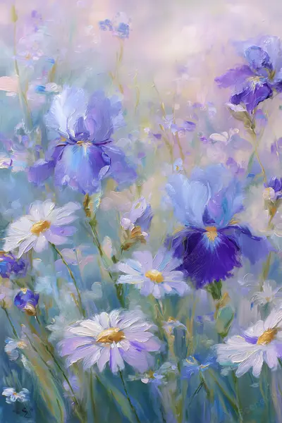 White Daisies among Violet Irises — Blue and violet irises mingle with white daisies in soft light and textured floral brushwork.
